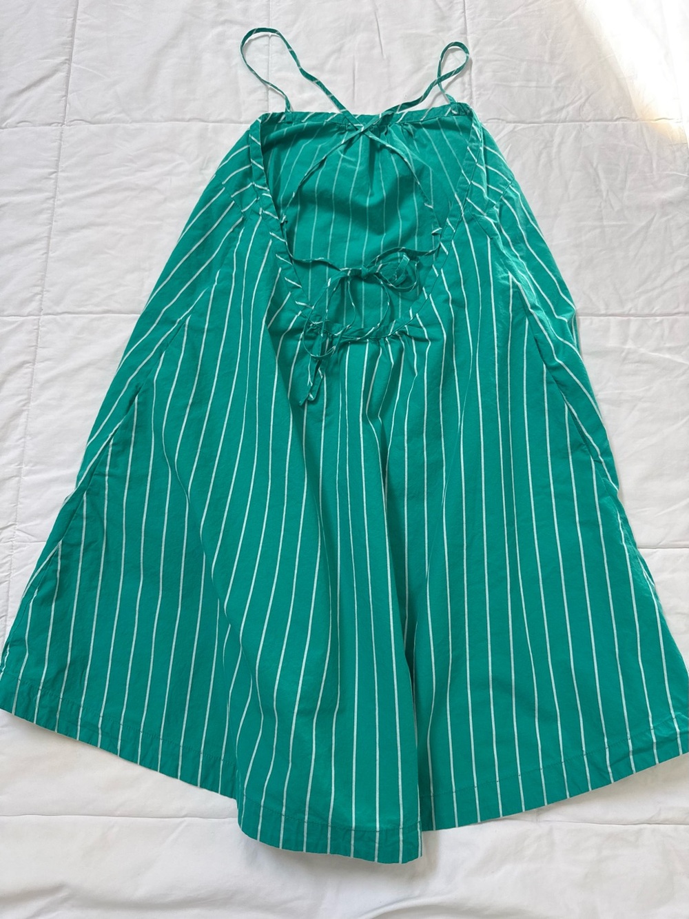 Small green 100% cotton summer dress easy striped sundress adjustable tie back